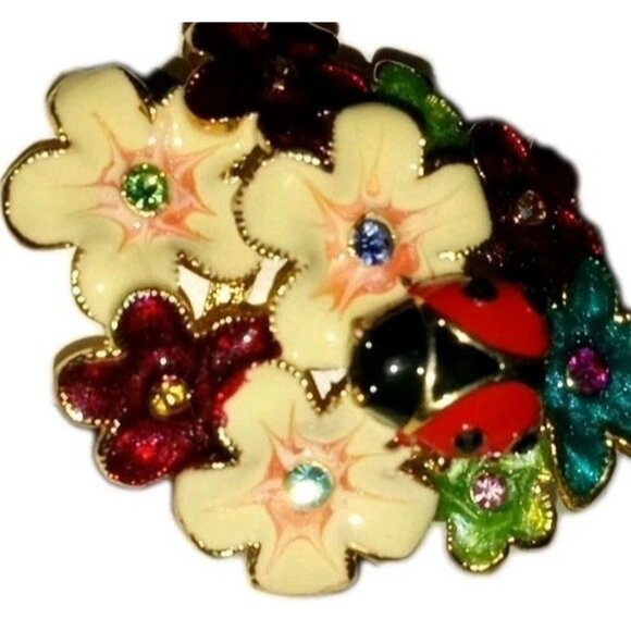 ALDO Size 9 Vintage Vibrant Floral Lady Bug Ring Gold Tone Enamel Rhinestone - Picture 3 of 7